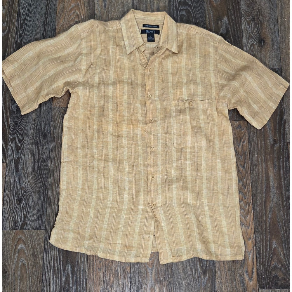 Bruno Mens M Washable Linen Short Sleeve Button Down Shirt Tan Beige Striped